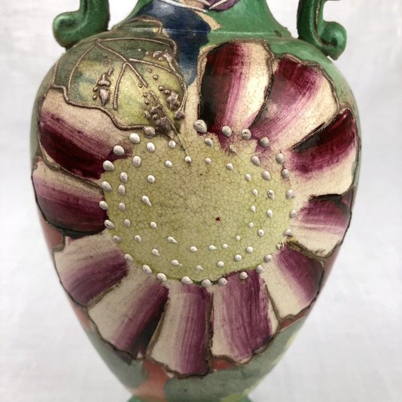Vintage Moriage Floral Ceramic Vase - Green/Orange/Purple BOHO 10” Tall - Picture 2 of 16